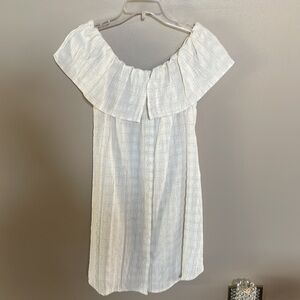 MAVEN WEST off the shoulder casual cream plaid dress / ruffle / button front Med